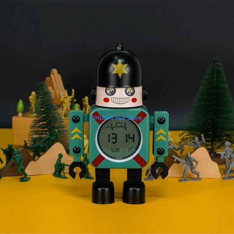 Cartoon Robot Alarm Clock Metal Wake-up Clocks with Flashing Eye Lights Desktop Ornament Children Christmas Gift D57B