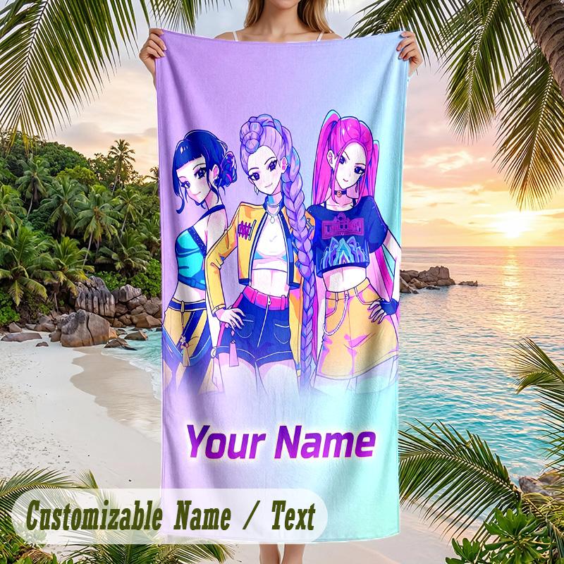 Beach Towel Kpop Demon Hunters Print Custom Name Text Soft Towel for Swimming Pool