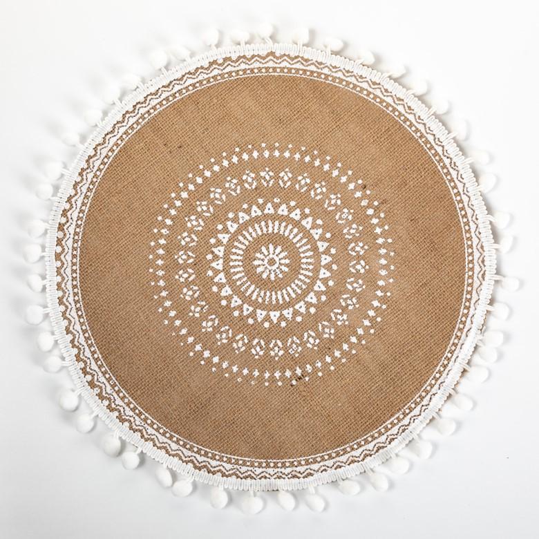 Round Jute Wool Ball Tassel Woven Placemat Decorative Table Mat Retro Insulation Mat