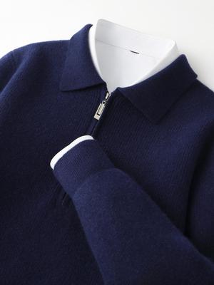 Men's Business Casual Pure Wool Half-Zip Polo Sweater - Autumn/Winter Loose Knit Pullover