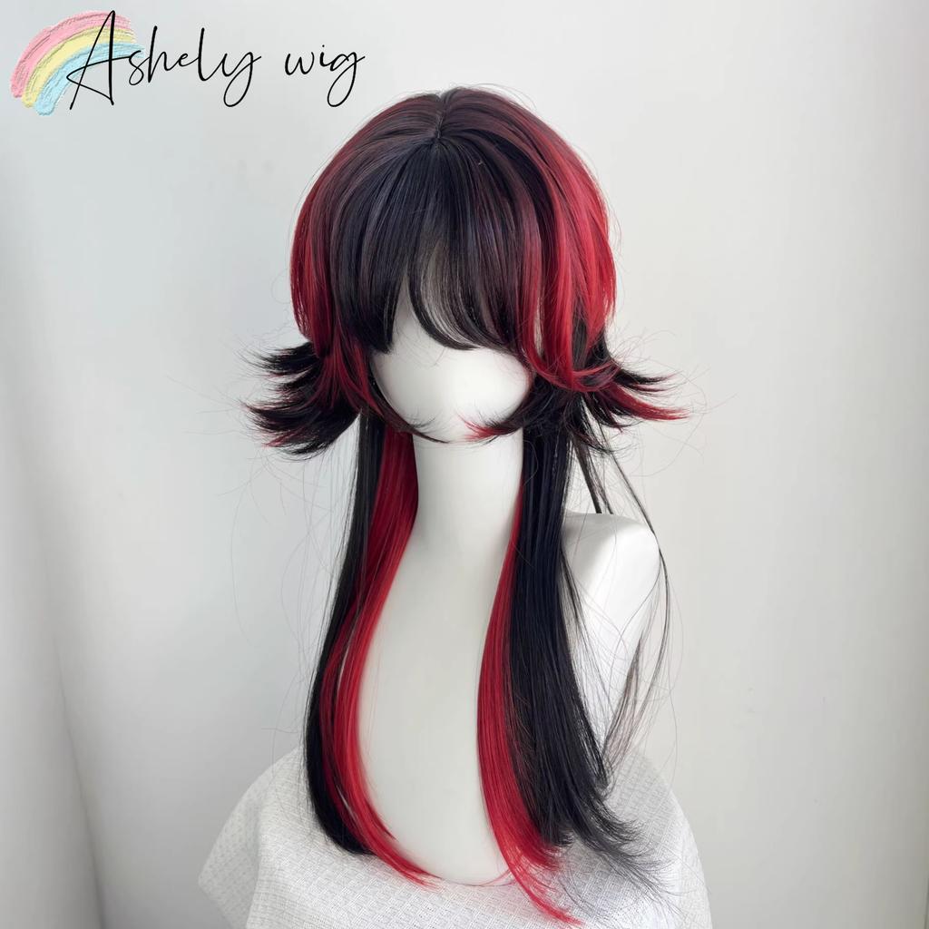 Ashely Jellyfish Head Black with Red Wigs with Bangs Subculture Y2K High Temperature Fibers Cosplay Synthetic Wigs for Daily Use