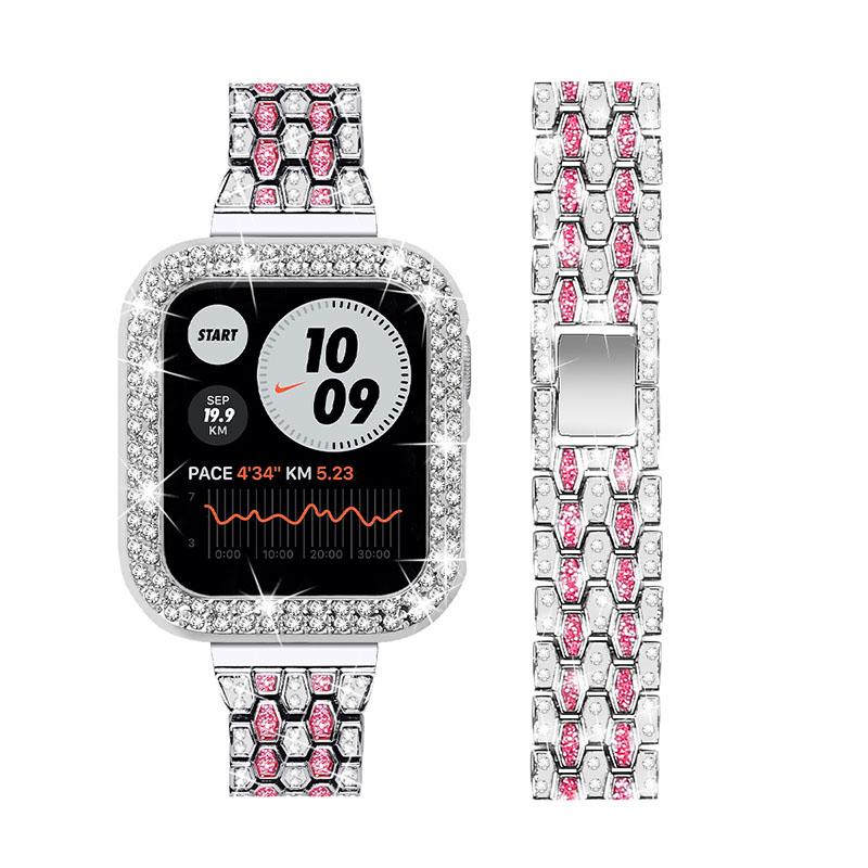 

Five Beads Metal Watch Strap+Protective Case Rhinestone Decor Anti-Scratch Replacement for Apple Watch Series 7 45mm As shown B