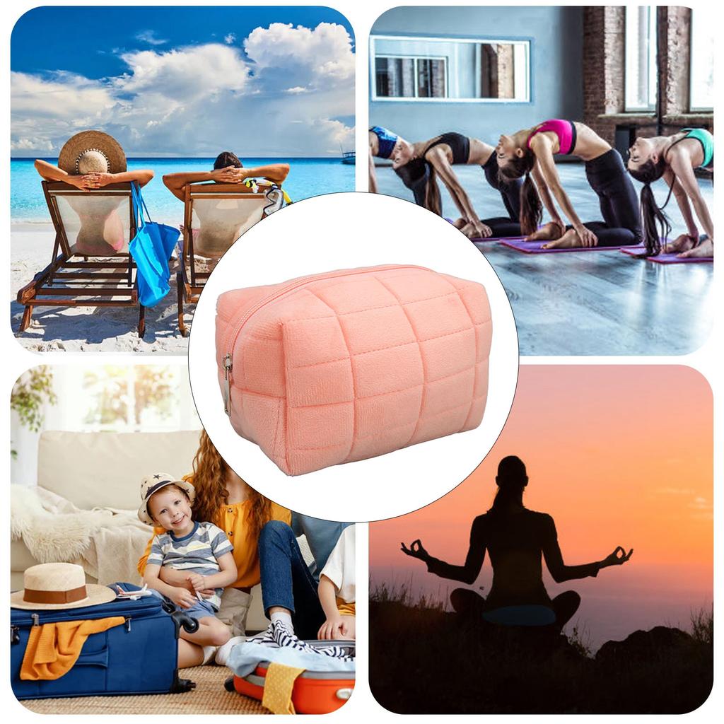 Women Makeup Storage Bag Large Capacity Soft Plush Zipper Closure Checkered Cosmetic Bag