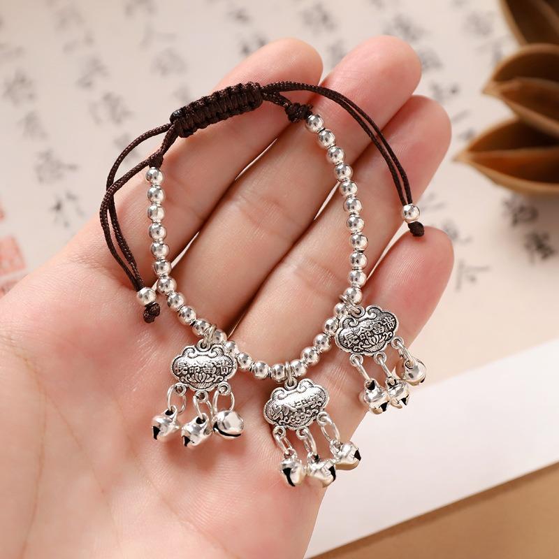 Hand-woven long-life lock bell bracelet, retro men's and women's Tibetan silver hand rope, simple accessories