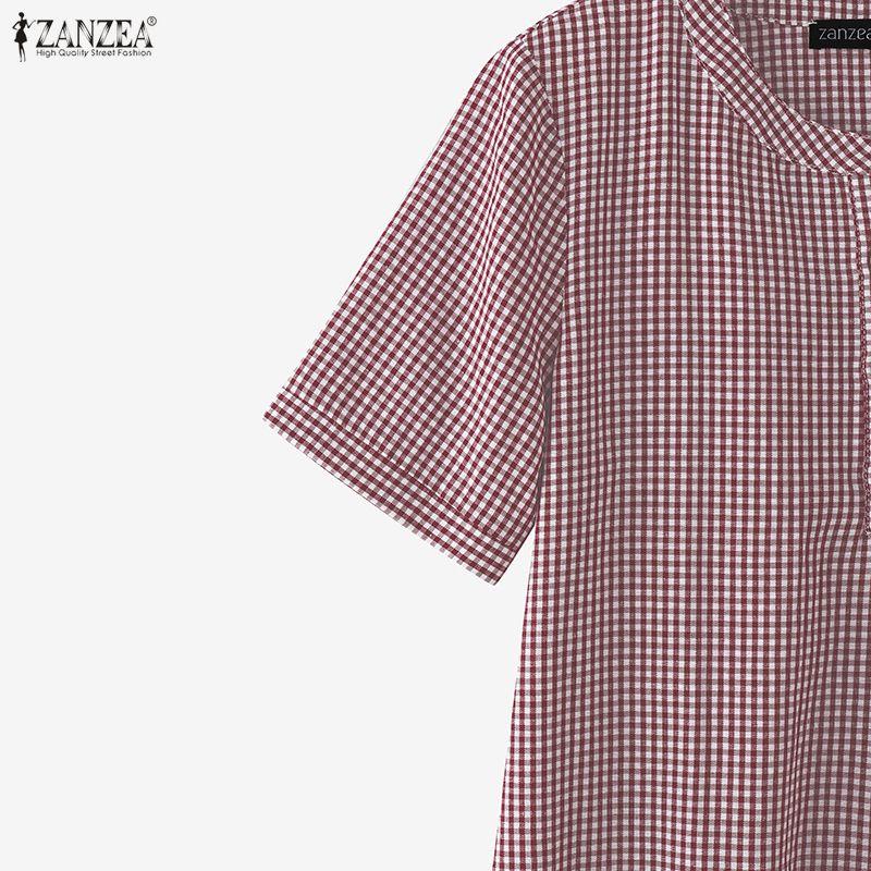 ZANZEA Women Plaid Print Casual V-Neck Summer Short Sleeve Dress