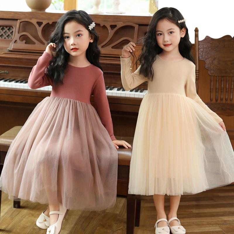 Girls Long Sleeve Princess Dress Kids Mesh Party Winter Basic