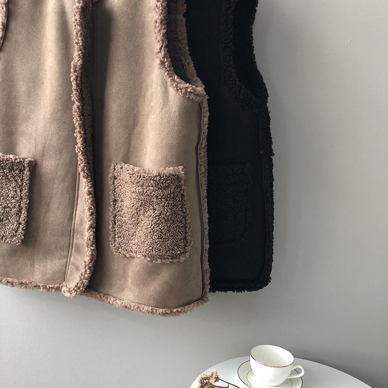 Korean Style Women Faux Lamb Wool Vest Tops Sleeveless Winter Coat Gilet Femme Fashion Brown Jackets Thicken Outerwear