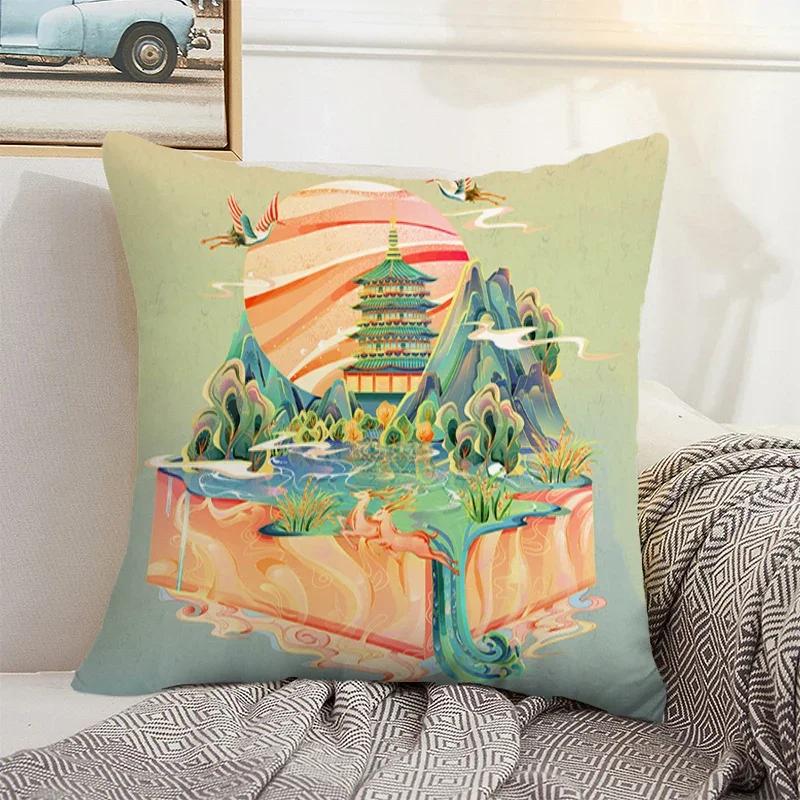 Decorative Sofa Cushion Cover 40x40 Chinese Style Landscape Pillowcase 50x50 Cushions Covers Car Decoration Pillow Home Decor