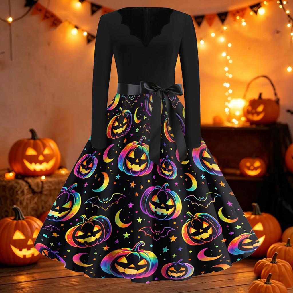 Damen Vintage Halloween Print V-Ausschnitt Kleid, Kurzarm Swing Kleid für Lässige Party