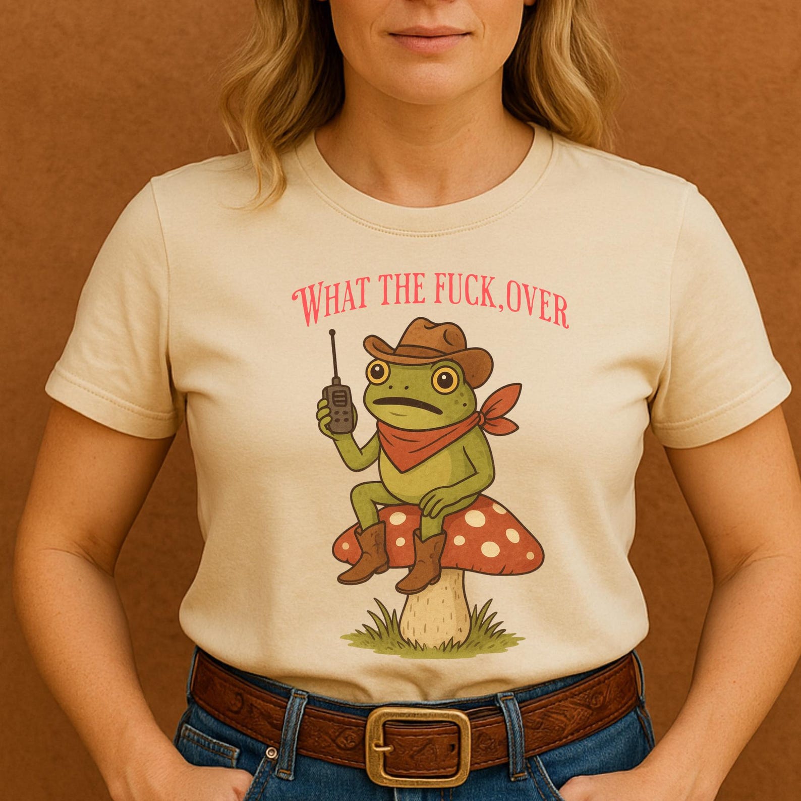 Cowboy Frog on Mushroom Shirt – “What the f*ck, over” Funny Retro Western Cottagecore Tee. 3XL