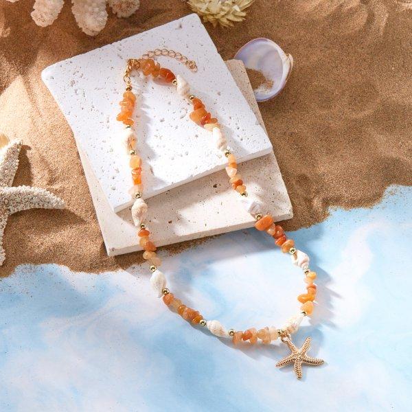 

Boho Colourful Crushed Crystal Choker Seashell Starfish Pendant Necklace for Women Mermaidcore Summer Beach Vacation Jewelry