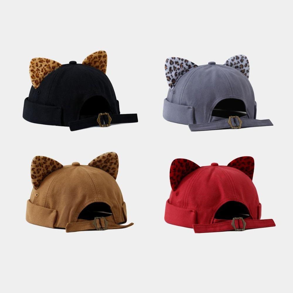 Leopard Print Cat Ears Brimless Hat Adjustable Beanie Hat Cute Melon Docker Cap  Outdoor