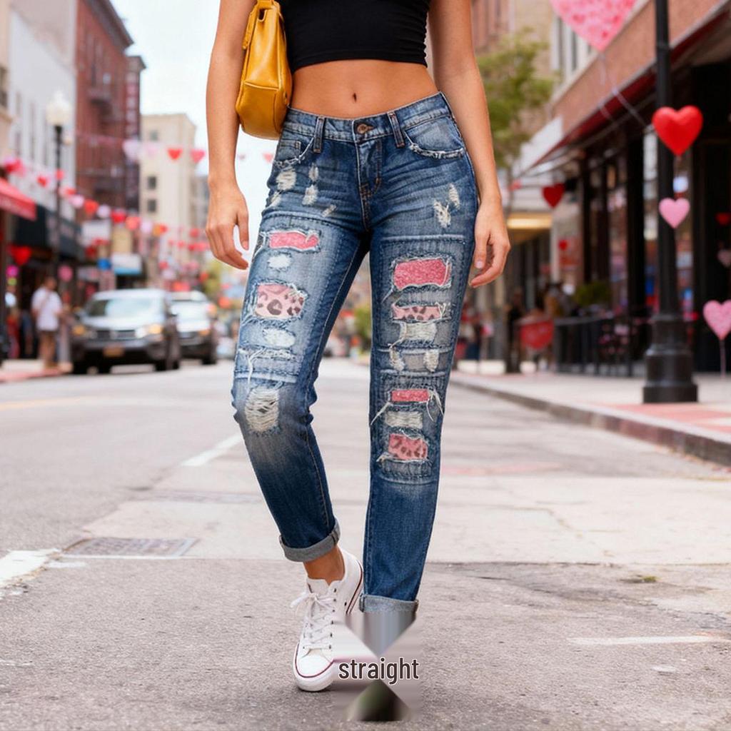 Valentine's Day Pink Leopard Print Ripped Denim Pants
