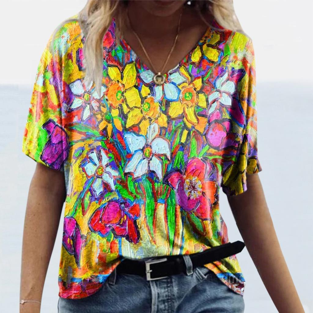 Women Floral  Print V-Neck Short-Sleeved Top T-Shirt