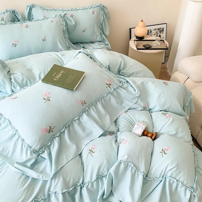 French Hepburn style 4-piece bed set, Korean princess lace washed cotton embroidery duvet set, bedsheet and bedsheet 3-piece set