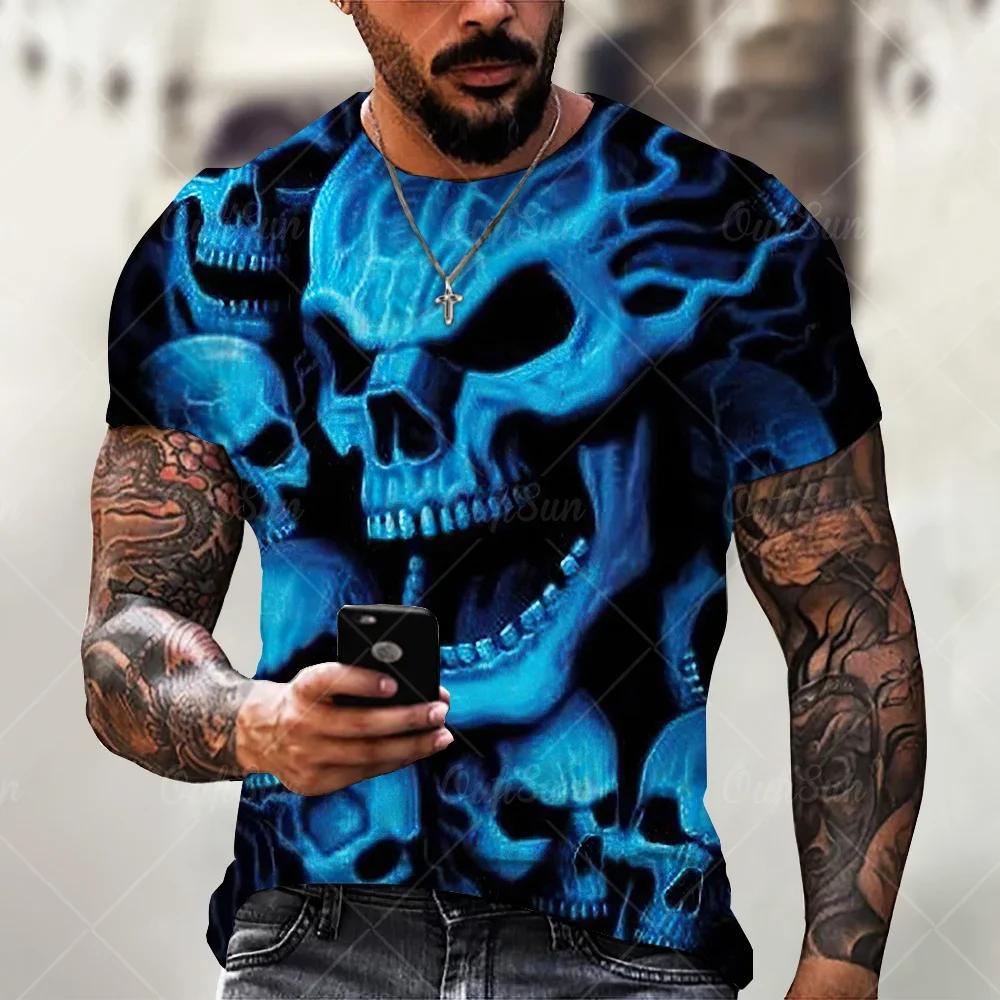Tricou cu model craniu imprimat 3D, de vară, pentru bărbați, stil hip hop stradal, top supradimensionat, confortabil, casual, cu gât rotund