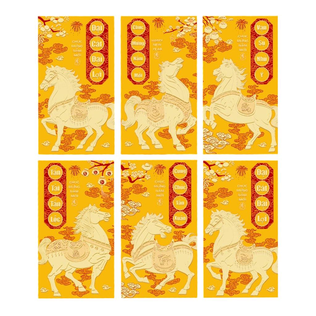 Pack of 6 Vietnamese Lunar New Year Red Envelopes With Festive Horse Design and Matte Finish for 2026 Celebrations