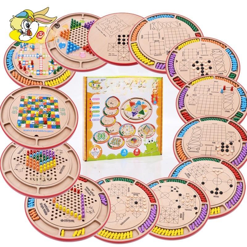 Family Board Wooden Game Puzzle Toys Multiple Chess Variations Kid Entertainment