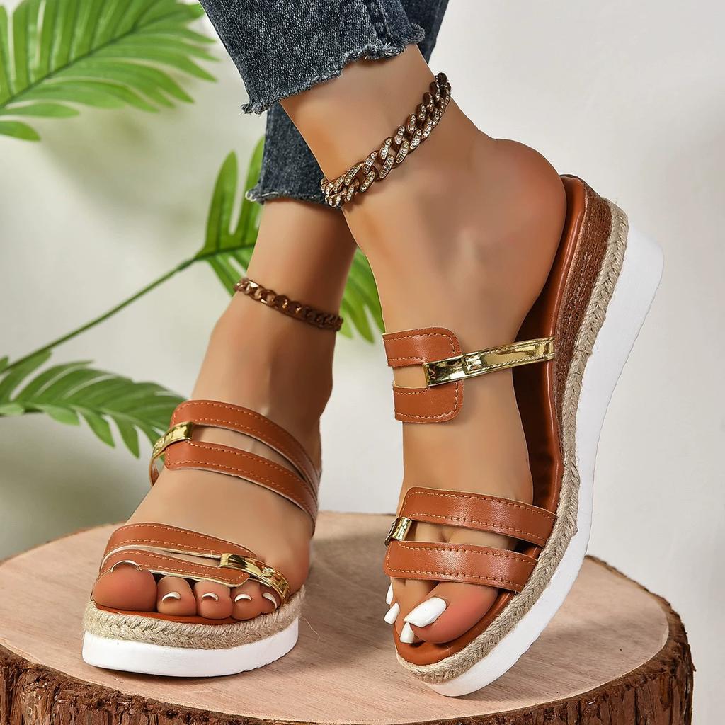 Summer Casual Color Blocking Sandals For Women Dressy Comfortable Soft Leather  Thick Soled Slope Woven Straw Sandals