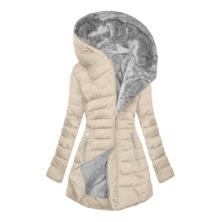 Warm Women Cotton Hooded Jacket Long Zipper Pockets Casual Outerwear