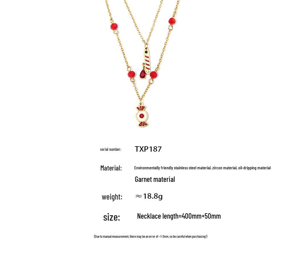 Qiong Yao Double Layer Garnet Jewelry Set: Necklace, Bracelet, Asymmetrical Earrings