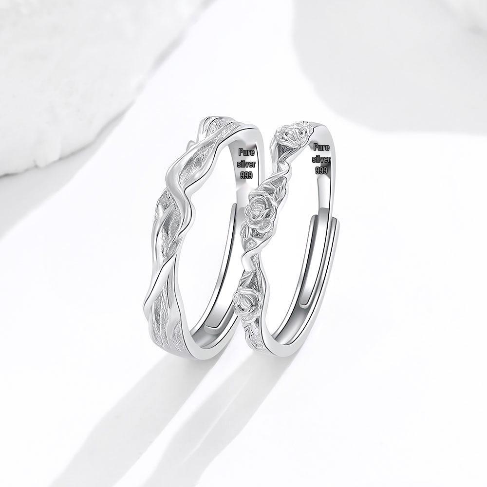 Rose Couple Rings - 999 Sterling Silver Index Finger Rings, Original Design, Pure Silver Gift for Girlfriend