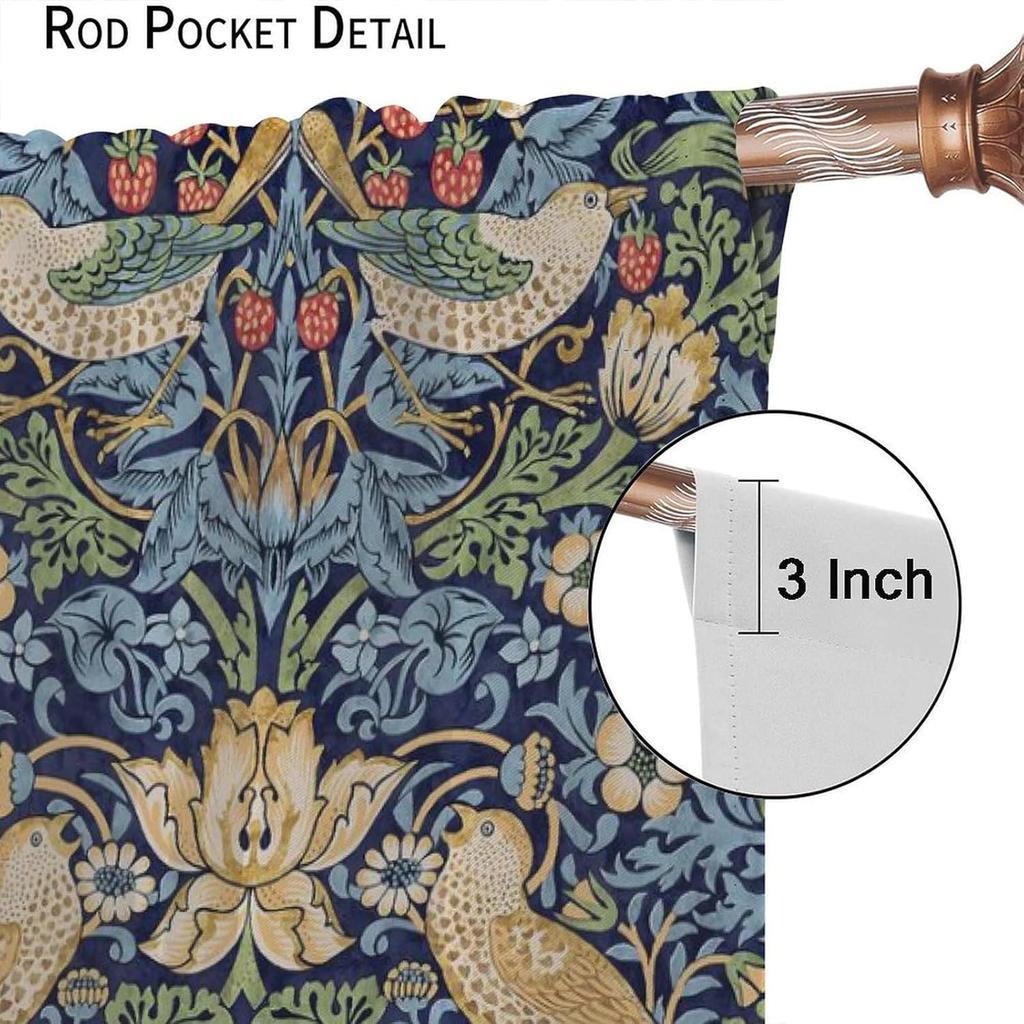 Vintage Floral Curtain  Blue William Morris Original Design Strawberry Thief for Bedroom  Living Room   Kitchen Privacy Curtain  2 P