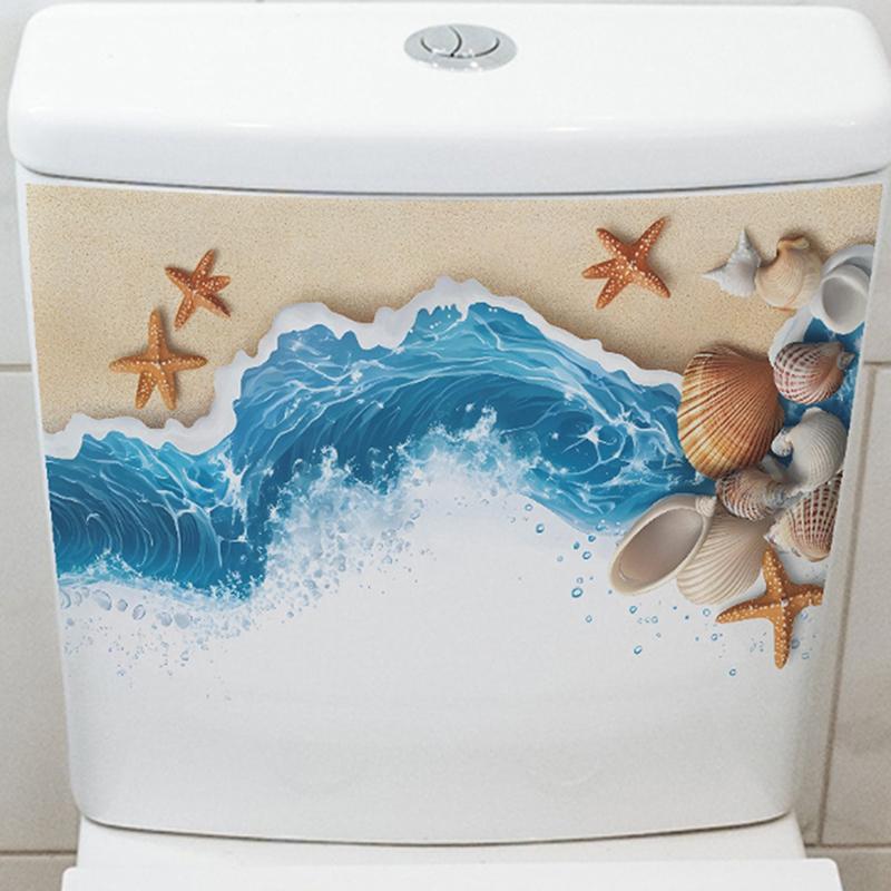 Azure Sea Beach Shell Bathroom Toilet Seat Waterproof Sticker Self-Adhesive Decorative Wall Sticker