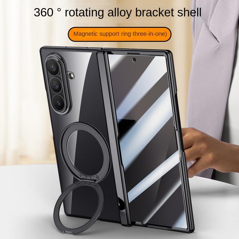 Metal Ring Holder Magsafe Magnetic Phone Case for Samsung Galaxy Z Fold 7 Spring Hinge with Tempered Glass Film Protection Cover