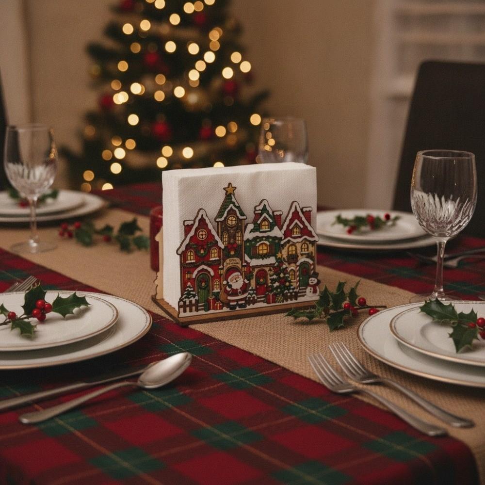 Cartoon Christmas Wooden Napkin Holder Snow House Desktop Tissue Box Tissue Storage Rack Party