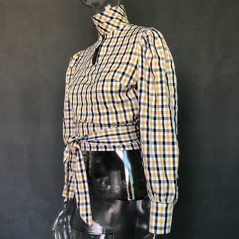 Sommer Herbst Damen Langarm Sexy Rückenfrei Kariertes Oberteil