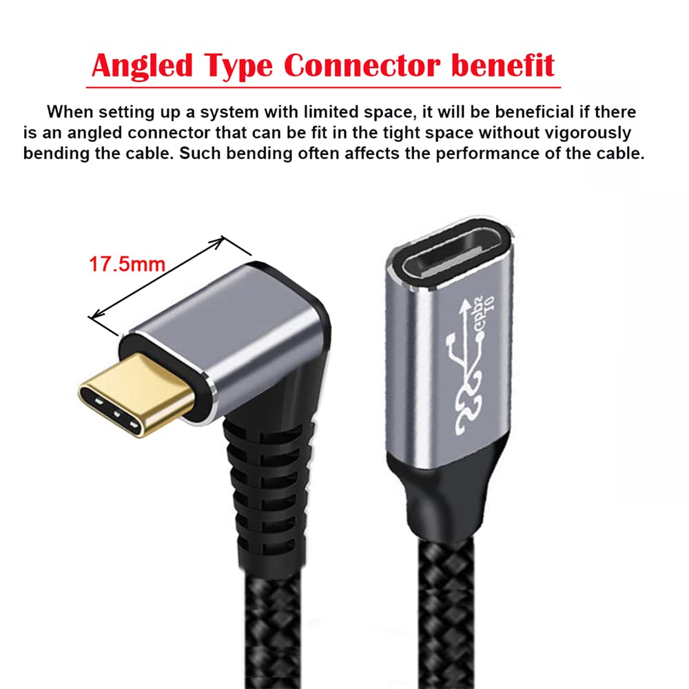 Cablecc 10Gbps 100W Male To Female USB Type C Angled Extension Data Cable with Sleeves for 2M 3.1 USB-C Up/Down Laptops,