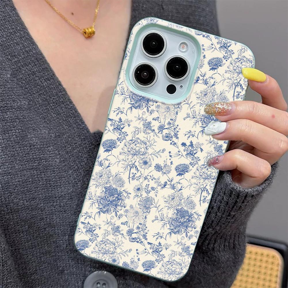 Custodia per Telefono Floreale Vintage per iPhone 17 16 15 14 Plus 13 12 11 Pro Max Modello Floreale Blu Retro Cover Protettiva in TPU Antiurto
