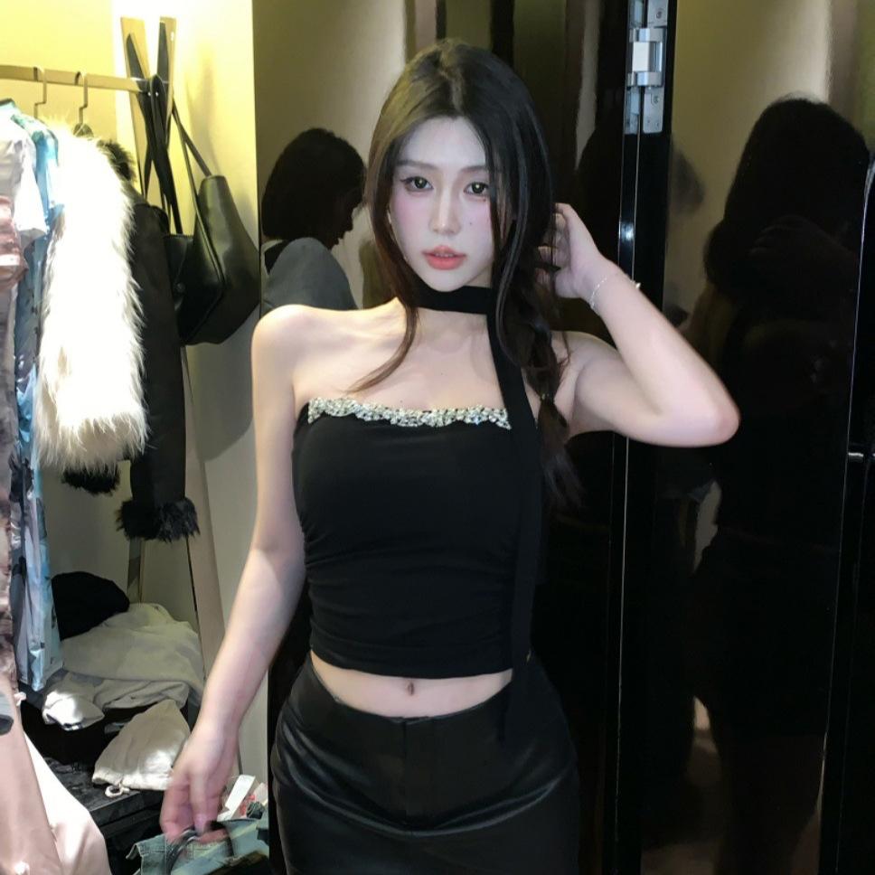 #Summer new pure desire wind heavy industry drill chain belt scarf tube top vest slim one-piece with chest pad