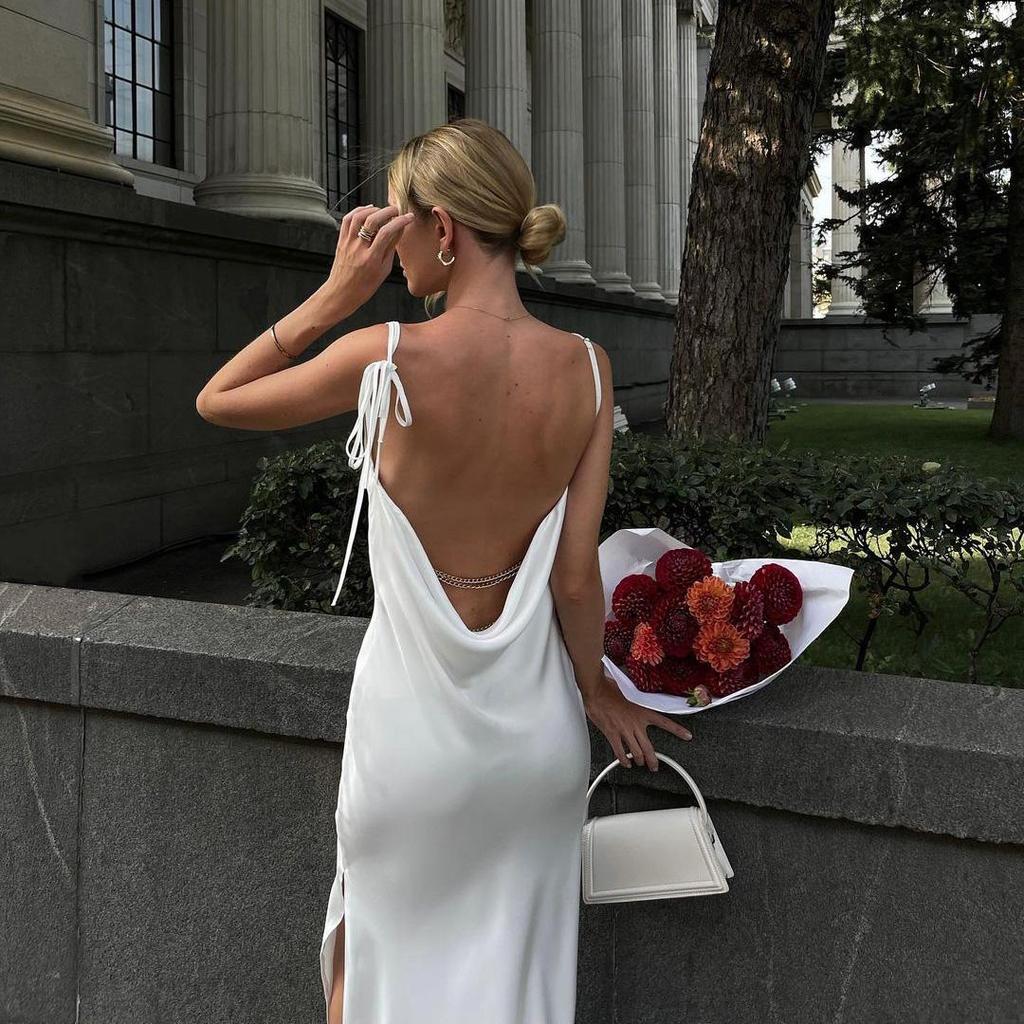 Women Sleeveless Solid Color Ankel-Length Slip Dress V-neck High Waist