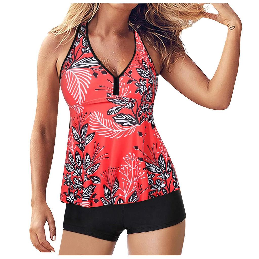 European & American Women's High-Waist Printed Skirted Tankini Swimwear