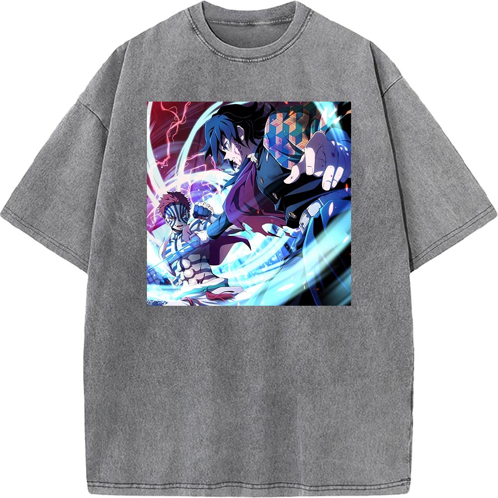Tomioka Giyuu Akaza Anime Clothing Demon Slayer Cotton Tee Men Women Retro Washed T-shirts Casual T Shirt Harajuku Male Tshirt