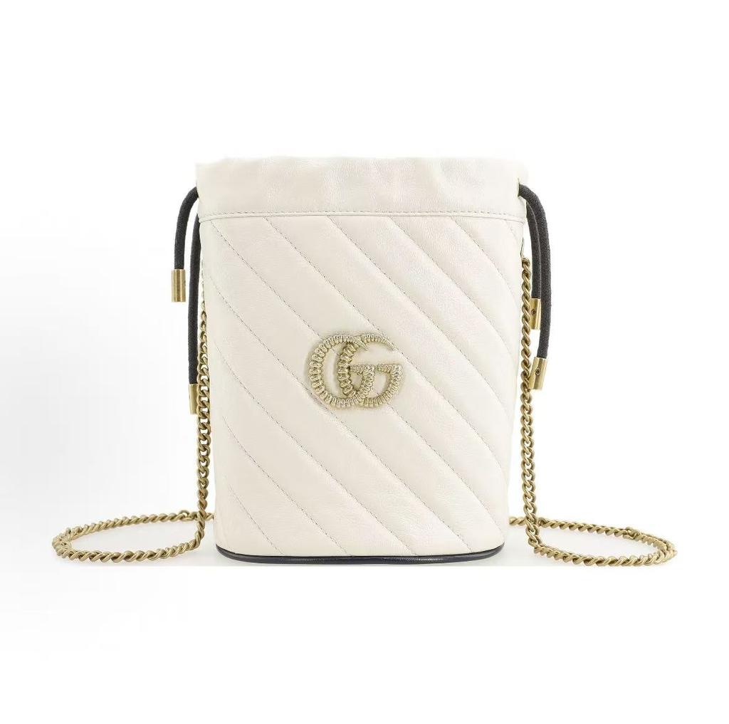 Gucci Gg Marmont Gold-Labeled Logo Color-Blocked Rolled Edge Drawstring Quilted Chain Leather Bucket Bag
