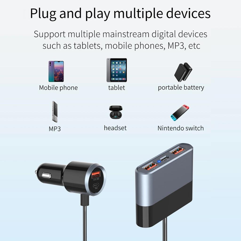 Car Charger Fast Car Charger 76W 5 Ports Car Charger Adapter PD 3.0/QC 3.0/PPS 25W USB C Car Charger 5FT Cable For Back Seat
