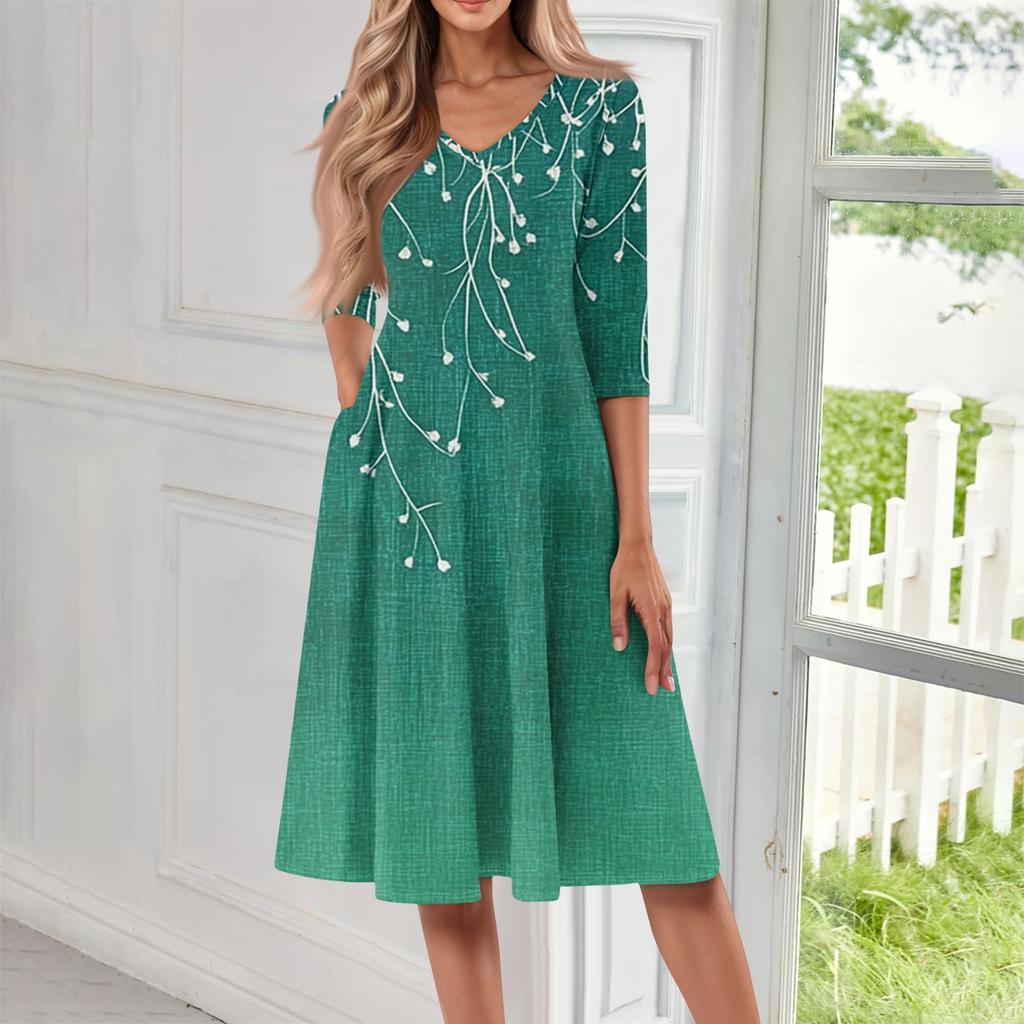 Women's Casual Fashion V Neck Three Quarter Sleeve Print Midi Dress