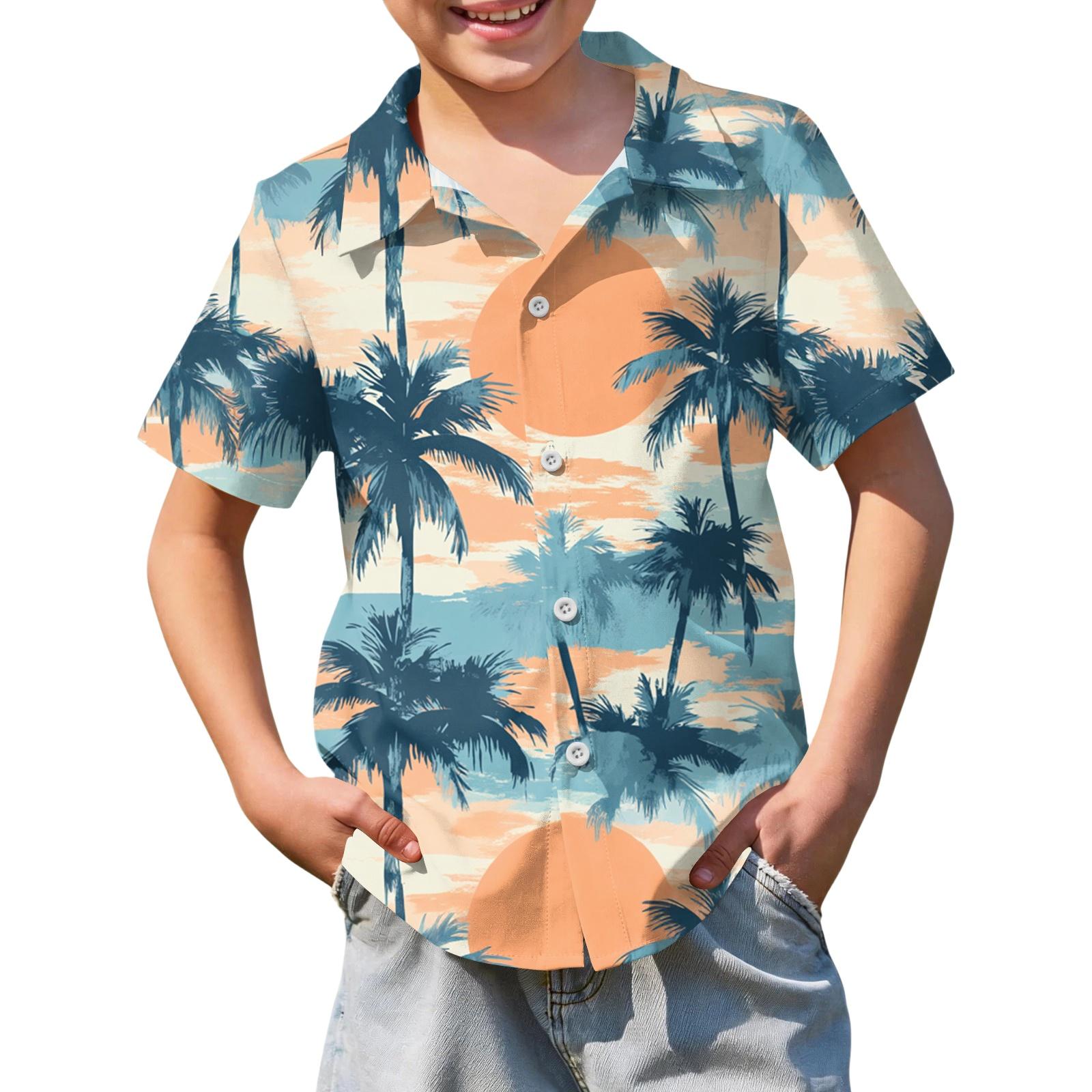 

Boys Short Sleeve Hawaiian Print Shirt Button Down Collar Casual Summer Shirt Lightweight Breathable Fabric Comfortable Fit 150