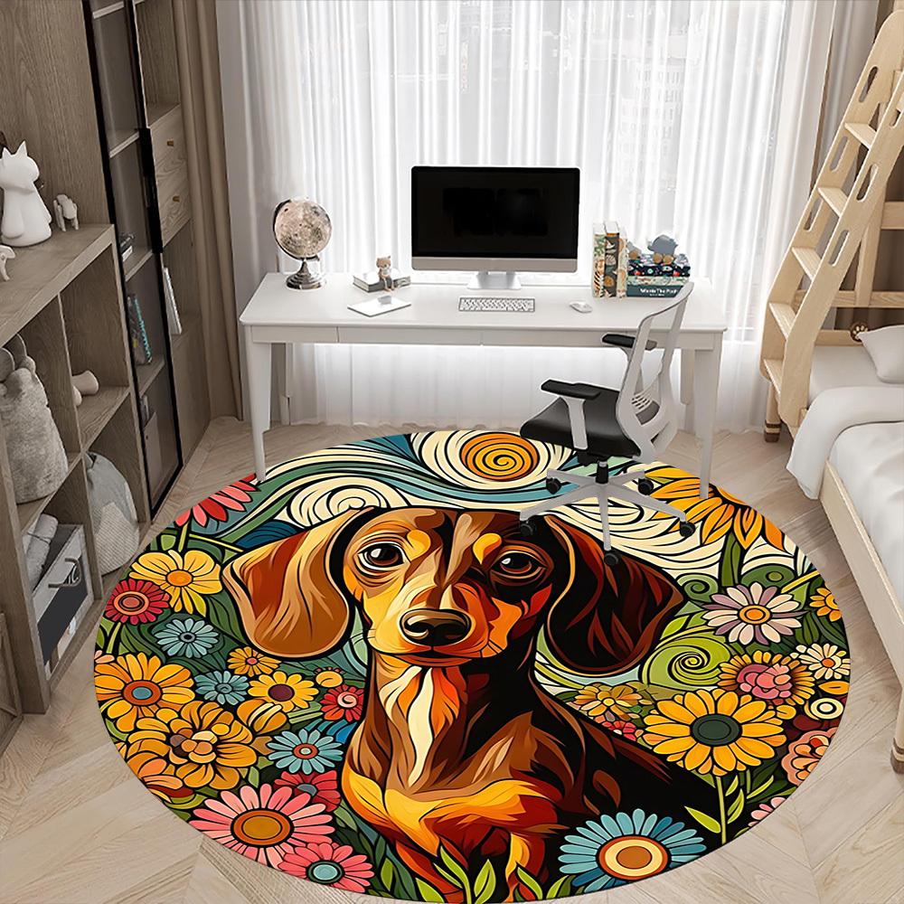 1pc Dachshund Flowers Office Round Rug, Non-slip, Soft and Durable Office Rug for Interior Decoration, Perfect for Office,Decoration Yy260204016
