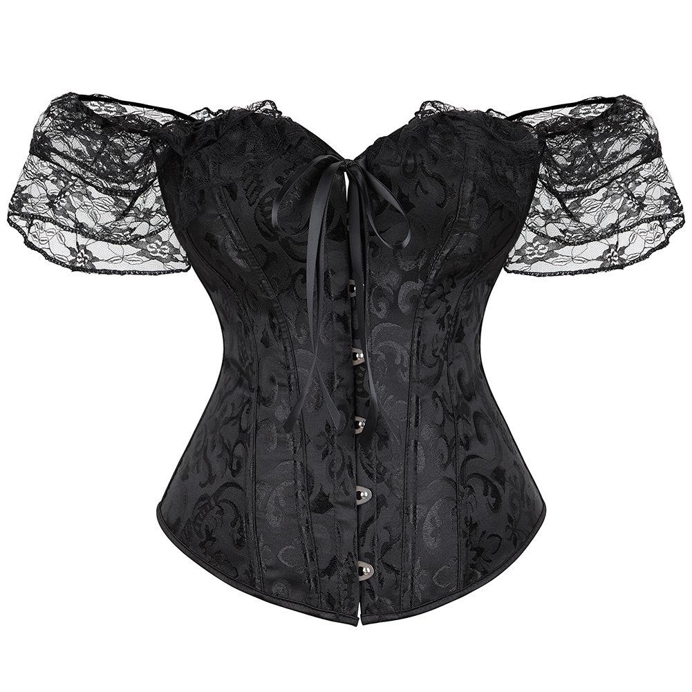 Women's Jacquard Lace Corset Top with Flutter Sleeves & Waist Cincher