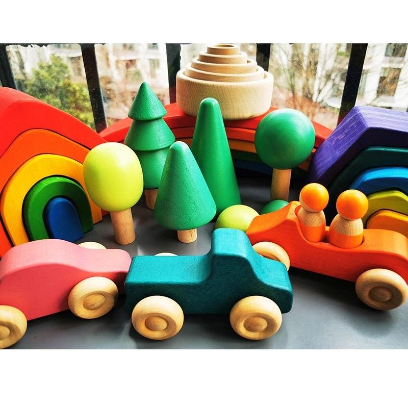 Interesting Toys Coral Montessori Wooden Toys Elemental Rainbow Stacking Blocks /Unpaint Wood Tree Building Stacking Car Volcano Sea Wave