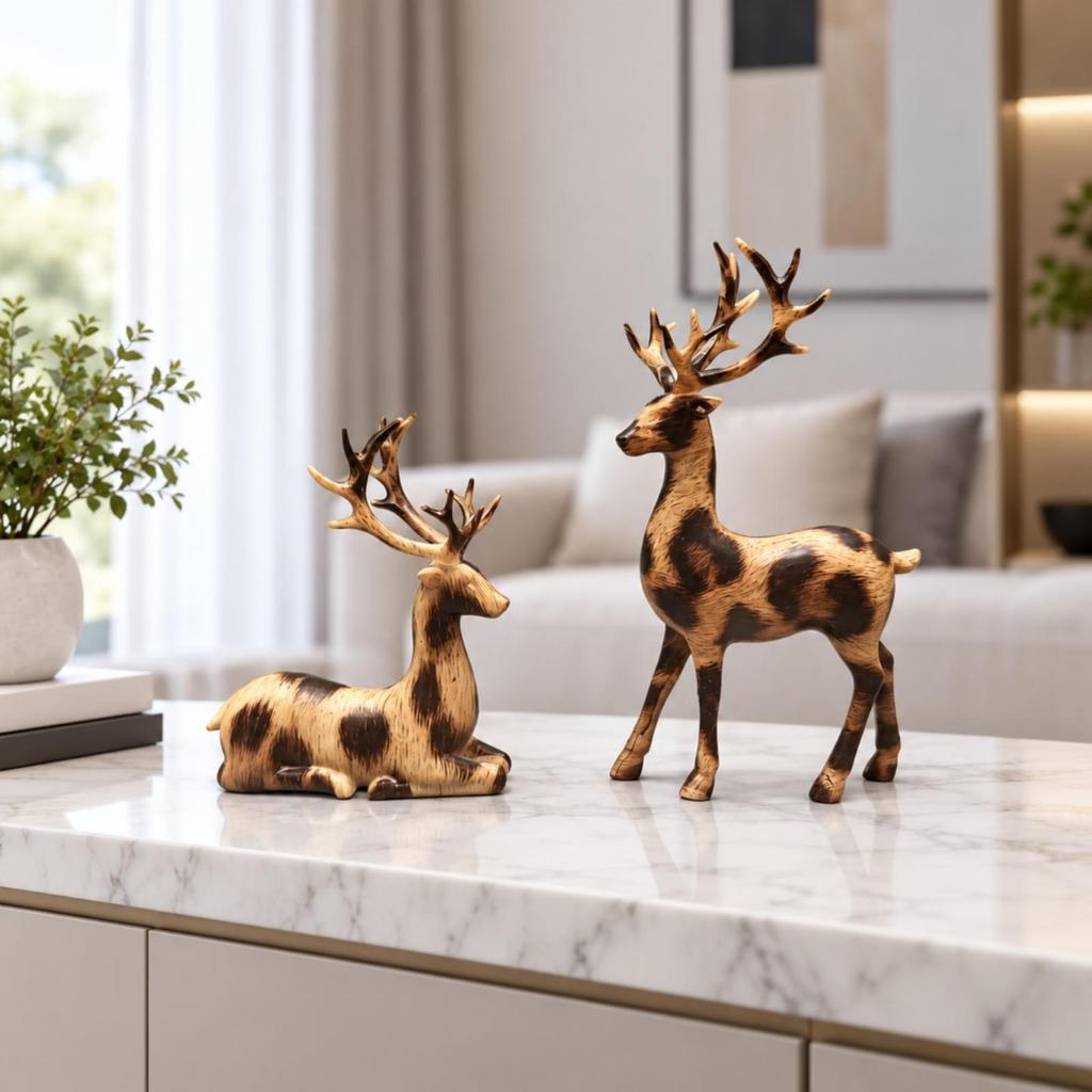 2 Pieces Deer Figurine Set with Antlers Compact Mantel Ornament Sturdy
