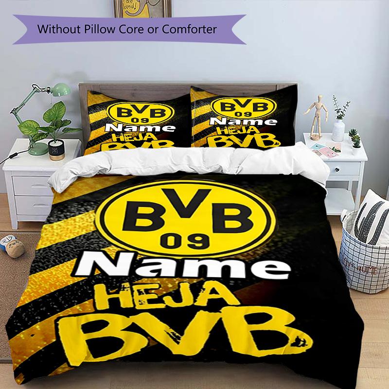 Sada 3ks povlaků na přikrývku (1 * Povlak na přikrývku + 2 * Povlak na polštář, Bez jádra), Vlastní jméno Vzor Borussia Dortmund Povlečení, Dárek pro dekoraci domácí ložnice