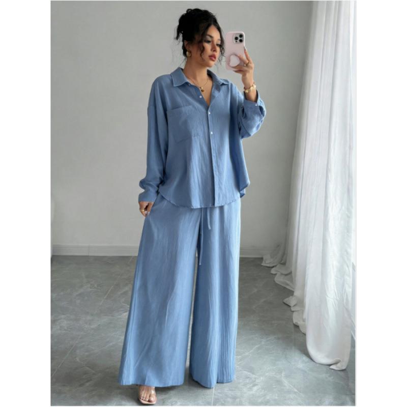 Spring Fashion Plus-Size Women's Two-Piece Set: Linen-Style Shirt & High-Waisted Loose Pants