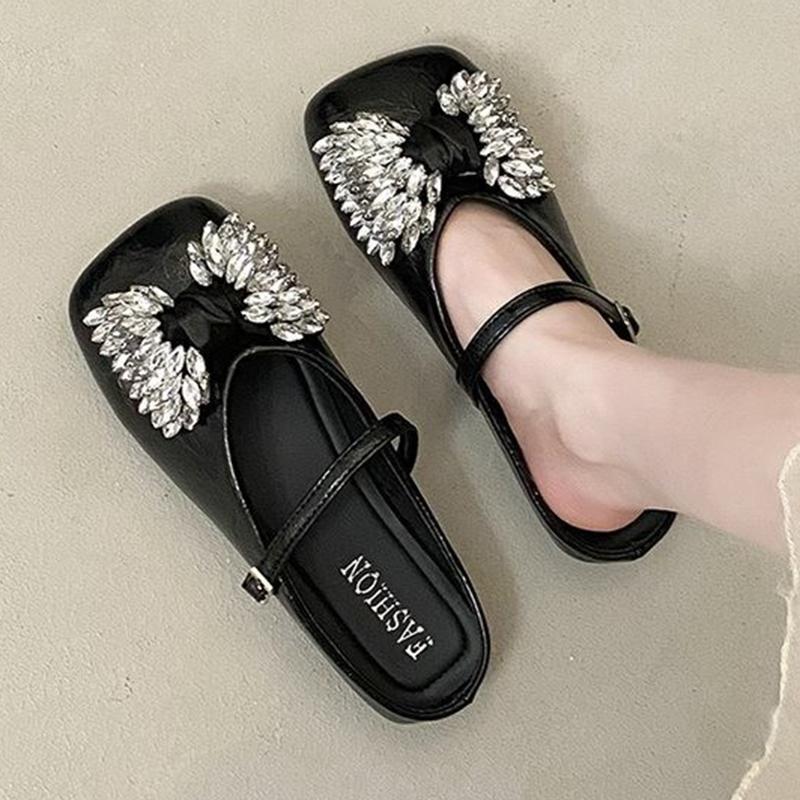 

Fashion Crystal Flats Women Slippers Designer Square Toe Slingback Shoes Woman Summer Sandals 2025 Trend Brand Walking Cozy Lady Shoes 40 чёрный