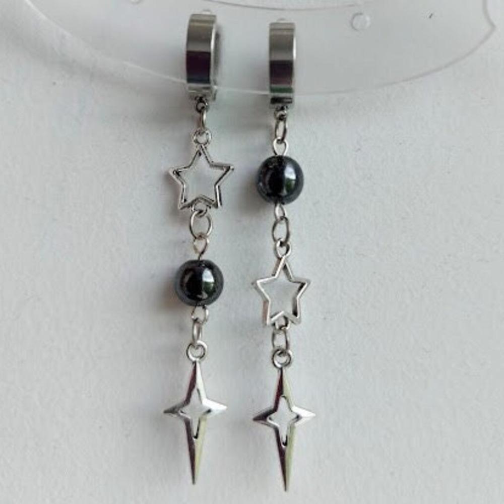 Gothic Punk Silver Color Asymmetrical Black Round Bead Hollowed-out Star Dangle Earrings for Girl Halloween Hip-hop Rock Jewelry