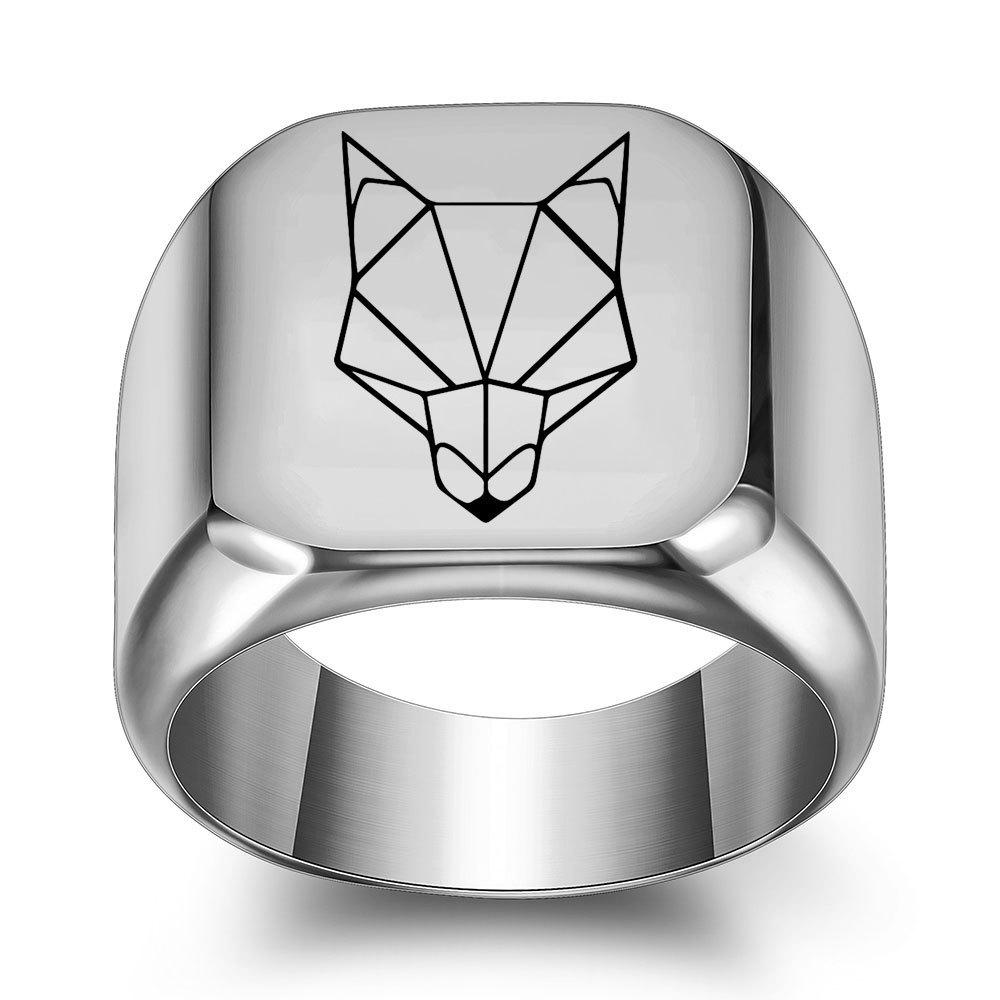 European & American 18MM Square Stainless Steel Ring with Wolf & Fox Head Laser Engraving Size 5